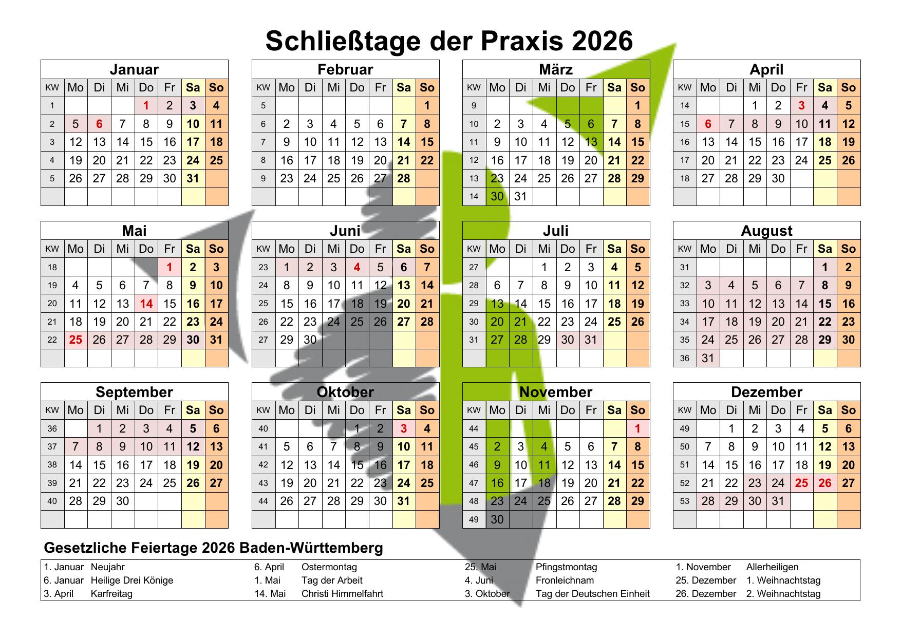 Schließtage der Praxis für Psychotherapie von Reiner Cerfontaine in Nürtingen für das Jahr 2026